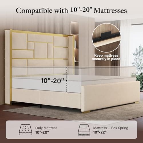 Uteeran Queen Bed Frame with 55.12" Tall Headboard, Modern Luxury Velvet Upholstered Platform Bed with Gold Trim, Wide Wingback Design, Noise-Free, Easy Assembly, No Box Spring Needed, Beige - Thumbnail 6