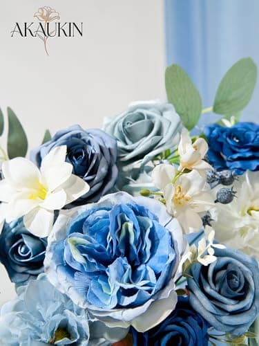 AKAUKIN Dusty Blue Artificial Flowers Box Set with Premium Silk Roses & Dahlia for Wedding Bridal Bouquets, Baby Shower, Birthday Party, Table Centerpieces, Home Decor & DIY Floral Arrangements - Thumbnail 4