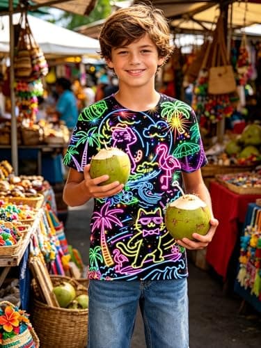 Funnycokid Youth Boys Shirts Size 14 16 Girls T-Shirts Neon Cat Hawaii Digital Print Clothes Tops Tees Graphic Short Sleeve Birthday Cool 15-16 Years - Thumbnail 5