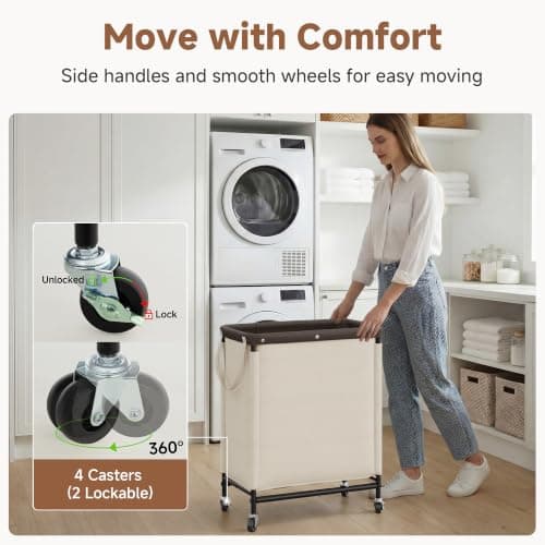 StorageWorks 2 Section Laundry Hamper, Rolling Laundry Cart with Wheels and Handles, Laundry Room Double Sorter for Organizer and Storage, 26.4 Gal(100L), Beige - Thumbnail 3