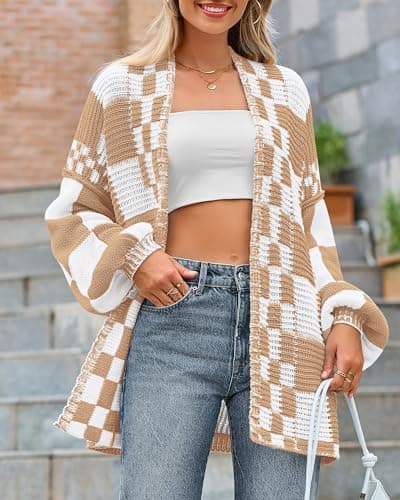 BTFBM Casual Cardigan Sweater for Women Fall 2026 Long Sleeve Open Front Chunky Knit Sweaters Checkered Outwear Coat(Light Khaki,XX-Large) - Thumbnail 3