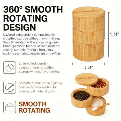 DegoCython 3-Layer Bamboo Salt Container with Magnetic Lid and Spoon, Large Capacity 10.5 Oz (Approx 287.7g) - Ideal for Celtic Sea Salt, Redmond Real & Pepper Storage - Thumbnail 2