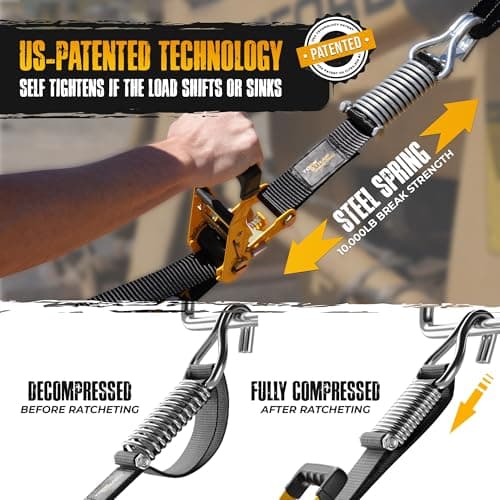 TorkStrap Pro 25' x 2'' Self Tensioning Ratchet Straps (10,000LB Break Strength) - Adjusts to Load Shifts - Heavy Duty & Industrial Use - Extra Soft Loops - Heavy UTV, Cargo, ATV, Trucks (4-Pack) - Thumbnail 3