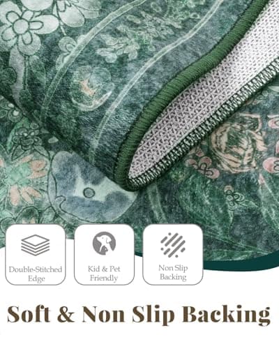 Green Dining Room Rugs for Under Table, Washable Boho Floral 6x9 Area Rug for Living Room, Bedroom, Nursery, Home Office - Vintage Distressed Low Pile Non Slip Carpet, French Country Art Deco Mat - Thumbnail 5
