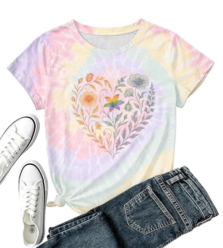 Boho Wildflower Shirt for Women-Casual Cottagecore Tie Dye Short Sleeve Rainbow Floral Heart Shirt Women