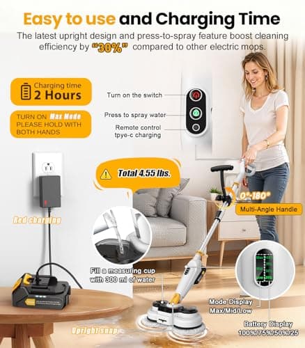 qimedo Battery Electric Mop M3, 800RPM Cordless Electric Power Scrubber & Mops for Floor Cleaning, Best Automatic Spin Mops with Smart Display,Rotating Mop with LED Light & Water Spray - Thumbnail 3