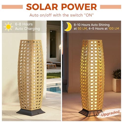Grand patio Outdoor Floor Lamp Solar Lantern, Water-Resistant Natural Wicker Boho Patio Light with 50/100 Lumens Dual Brightness & Memory Mode for Garden Porch Deck Decor, Large Diamond Natural - Thumbnail 2