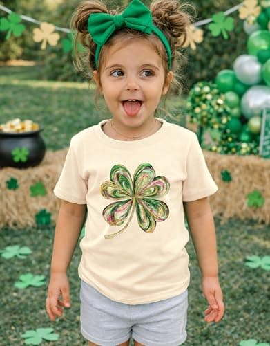 SANIXJOO Toddler Girls Boys St. Patrick Day Outfits Kids Baby Clover Graphic Summer Tee Tops Short Sleeve Casual Clothes(Apricot,4-5T) - Thumbnail 5