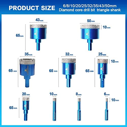 BRSCHNITT Diamond Hole Saw Kit - Porcelain Tile to Granite Drilling, 9pcs Diamond Drill Bits with Triangle Shank (6 8 10 20 25 32 35 43 50mm) - Thumbnail 3