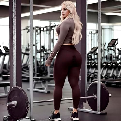 BaseTry Womens Yoga Pants Seamless Mid High Waisted Tummy Control Butt Lifting Workout Leggings for Women Running (US, Alpha, Large, Regular, Regular, Coffee) - Thumbnail 2