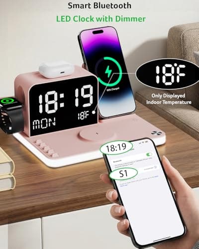 Acer 7-in-1 Wireless Charging Station with LED Clock - 30W Fast Wireless Charger for iPhone 16/15/14/13/12/Pro Max, Apple Watch, AirPods - Bluetooth Auto Time Sync & Night Lights (Pink) - Thumbnail 6