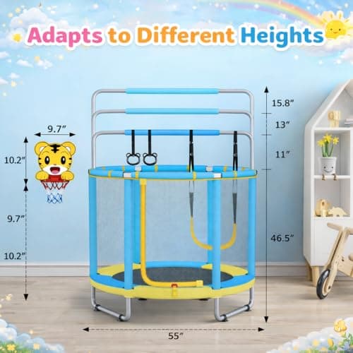 55" Trampoline for Kids with Enclosure, 4-in-1 Toddler Trampoline Indoor Outdoor, 440lbs Capacity Upgrade Trampolines with Adjustable Gymnastics Bar & Toys, for Boys & Girls, Easy to Assemble - Thumbnail 6