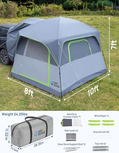 JOYTUTUS SUV Tent for Camping with Rainfly 2026 Upgrade, Strong Four Steel Frame Poles, 5-9 Person Big Car Tent with Ventilated Double Door, Movie Screen, 8' W X 10' L X 7' H, Fit for SUV CUV Van - Thumbnail 2