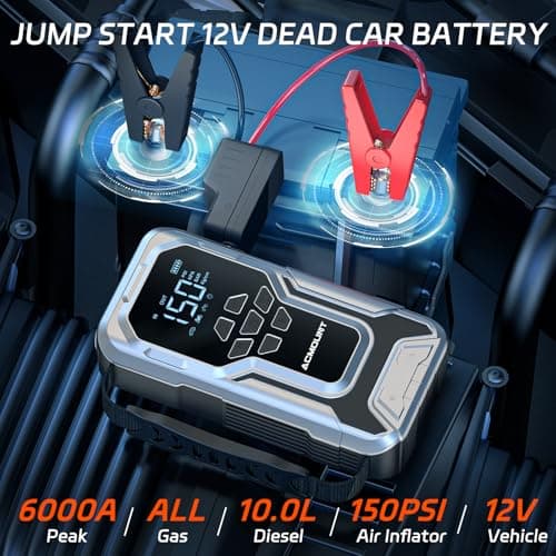 Acmount D18 Jump Starter with Air Compressor, 6000A Car Battery Jumper Starter Portable(All Gas/10.0L Diesel), 150PSI Tire Inflator Air Pump, 12V Jump Pack, Car Emergency Kit, Car Gift for Man - Thumbnail 2