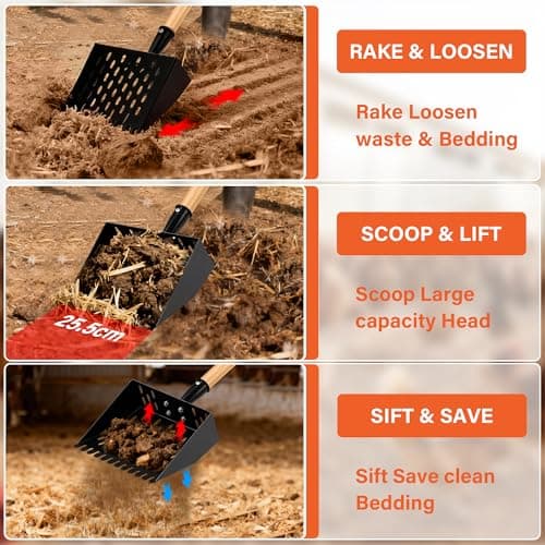 Chicken Poop Scooper for Sand, Extra Large Chicken Coop Scoop with 47" Handle & Assist Tool, 1.6mm Thick Heavy Duty Chicken Scooper for Poop, 2-in-1 Sifting Rake for Effortless Cleaning - Thumbnail 5