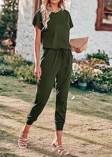 KIRUNDO Jumpsuits for Women Summer 2026 Casual Short Sleeve One Piece Outfits Drawstring Waist Long Pants Romper Jumpers(Army Green, Medium) - Thumbnail 2