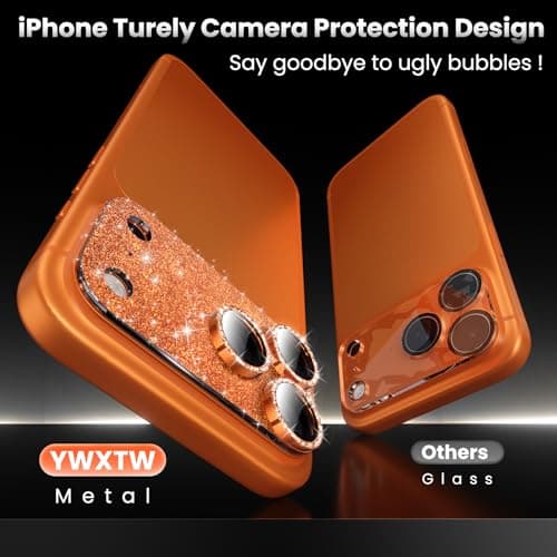 YWXTW for iPhone 17 Pro Camera Lens Protector, [Upgraded Glitter Design] Full Bling Sparkly Diamond Tempered Glass Screen Protector Metal Camera Cover Accessories (Glitter Orange, iPhone 17 Pro) - Thumbnail 2