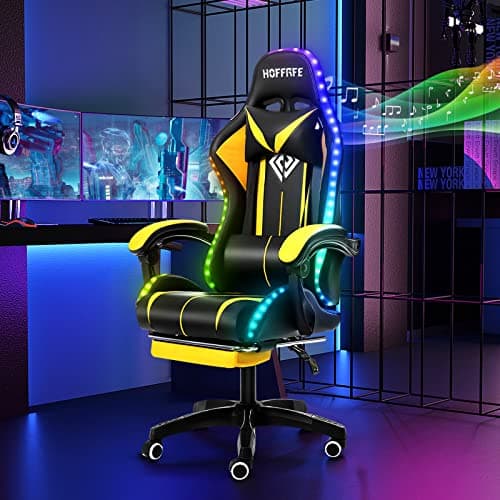 HOFFREE RGB Gaming Chair with Speakers Massage Computer Gaming Chair with LED Lights and Footrest High Back Video Game Chair for Adults Yellow and Black