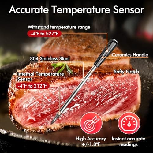CaloriMastery Wireless Smart Bluetooth Meat Thermometer Digital for BBQ, Grill, Oven, Smoker, 500ft Range Cooking Thermometer with Ultra-Thin Wireless Meat Probe, Perfect for Steak, Chicken, Turkey - Thumbnail 2