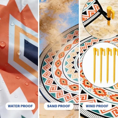 HIHOHO Round Beach Blanket Sandproof Waterproof Durable Quick Drying Portable Large Picnic Blanket fits 1-8 Adults 80"-110" Outdoor Beach Mat Essentials for Camping,Yoga,Traveling - Thumbnail 3