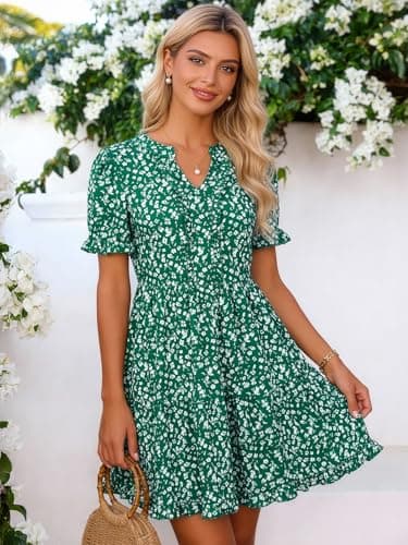Berydress Women's Casual Summer Mini Sun Dress 2026 Vacation Trendy Floral Ruffle Babydoll Flowy Boho Easter Ladies Dresses with Pockets(XL,6316-Green Flo) - Thumbnail 3