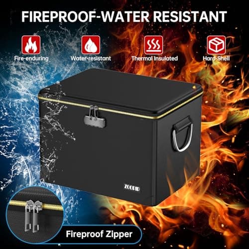 ZOOPIP Fireproof Document Box,Hard Case File Organizer with Fireproof Zipper&Threads,Non-Foldable Filing Cabinet with Lock, Portable Office Safe Box Storage for Hanging Letter Folder,Valuables,Black - Thumbnail 2