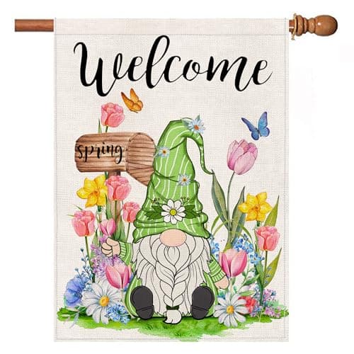 Spring House Flag 28x40 Inch Double Sided Outside, Spring Summer Garden Flags Gnomes Welcome Yard Outdoor Flag