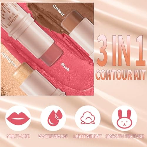 3Pcs Cream Contour Sticks Kit, Highlighter Stick Blush Stick Cream Contour Kit Makeup Set with Brush,Face Brightens & Shades Contour Stick Waterproof for Women - Thumbnail 3