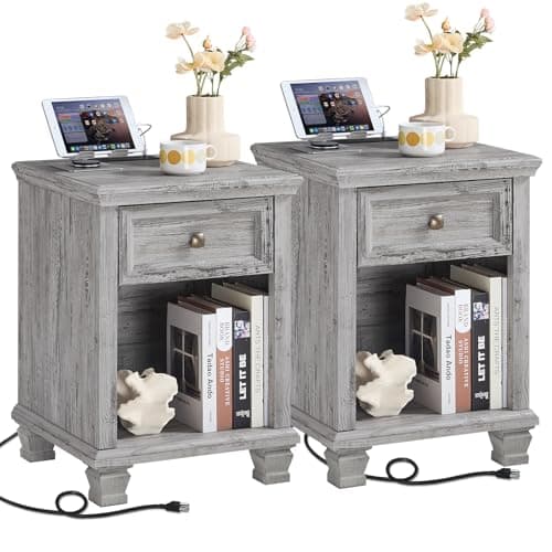 SAVOR LIFE Farmhouse Night Stand Set of 2, Rustic Wood Nightstand with 1 Drawer, Bedside Table with Open Shelf for Bed Room, End Table for Living Room, Grey - Image 1