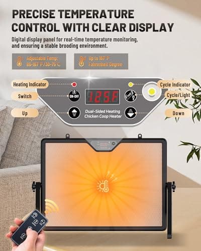 Dual-Sided Chicken Coop Heater for Winter, 180W Adjustable Temperature with Digital Display Panel, 360° Adjustable Angle, Timer & Cycle Mode, Built-in Light, 16 x 12 Inch Heat Plate for Chicken Coop - Thumbnail 3