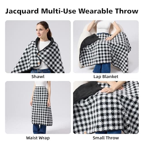 SHINEDOOR Jacquard Sherpa Wearable Blanket Lap Blanket Comfy Poncho Throw with Wooden Buttons Fleece Wearable Blankets for Women Soft Winter Shawl Gifts & Home Black & White Checkered - Thumbnail 2