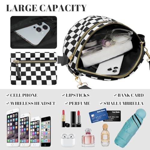 WOOMADA Checkered Crossbody Bag Bum Bag for Women, Spacious Nylon Fanny with Removable Wallets(2pcs-Black Checkerboard) - Thumbnail 3