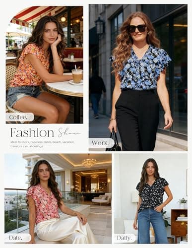 GRACE KARIN 2026 Boho Tops for Women Dressy Casual,Ruffle Sleeve Chiffon Blouses,V Neck Summer Fashion Clothes Orange S - Thumbnail 2