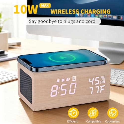 Wooden Digital Alarm Clocks,10W Wireless Charging with 3 Alarms, Dual 5W Stereo Bluetooth Speaker and Light Up with Sound, Adjustable Brightness Date Display Clock for Bedroom, Heavy Sleepers Adults - Thumbnail 4
