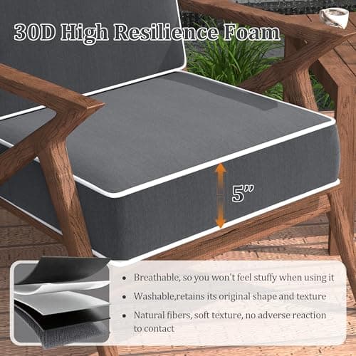 5" Thicker Outdoor Chair Cushions Set of 2 - 24x24 Inch Patio Chair Cushion for Outdoor Furniture w/Fade-Resistant Removable Cover Waterproof Deep Seat Patio Cushions w/Straps Handle for Couch, Grey - Thumbnail 3