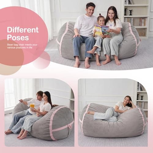 HABUTWAY 5ft Bean Bag Chair Giant Bean Bag Chairs for Adults with Memory Foam Filled, Large Beanbag Chair with Removable Dutch Velvet Cover for Living Room, Bedroom, Dorm, Light Grey & Pink - Thumbnail 5