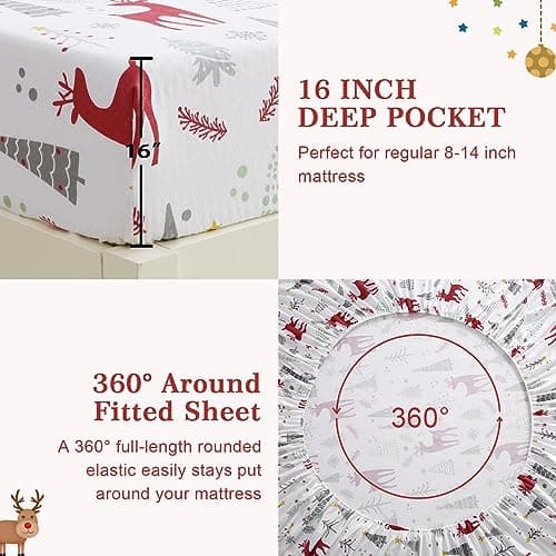 STARBEDIA Christmas Flannel Sheets King, 100% Cotton Holiday Bed Sheet Set, Deep Pocket Fitted Sheet, Soft Warm Brushed Christmas Sheet (King Size, Forest Deer) - Thumbnail 6