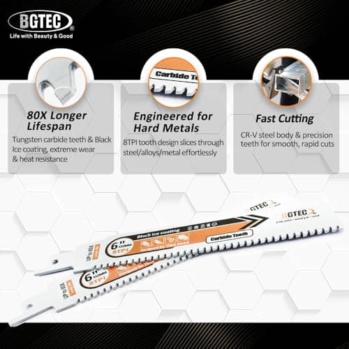 BGTEC Carbide Reciprocating Saw Blade for Hard Metal, Alloy Steel, Reinforcing Bars and Angles 6 Inch 8TPI, 4-Pack - Thumbnail 6