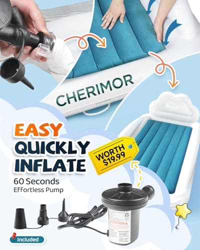 CHERIMOR Toddler Air Mattress with Electric Pump, Inflatable Toddler Travel Bed with Safety Sides, Portable Kids Blow Up Mattress for Travel, Camping Grandma Sleepovers Playing Air Bed, Gift for Kids - Thumbnail 6