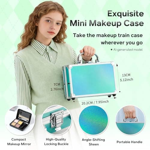 Color Nymph Beginner Makeup Kits For Teens With Train Case Included Full Makeup Kit Eyeshadow Palette Blushes Bronzer Highlighter Lipstick Brushes Mirror (Green) - Thumbnail 2