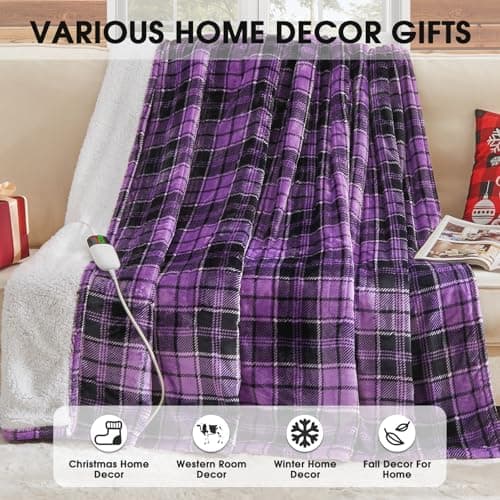 Purple Heated Blanket Electric Throw, 50X60 Heating Throw with 10 Heating Levels & 8 Hours Auto Off, Purple Gifts Sherpa Blanket for Couch Bed Office,Mothers Day Gifts for Mom Women Grandma Home Decor - Thumbnail 6