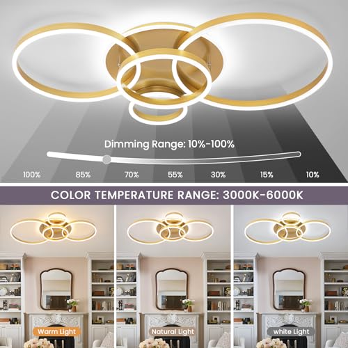 Modern LED Ceiling Light Gold Flush Mount Ceiling Light Dimmable Dining Room Light Fixtures with Remote 4 Rings Acrylic Kitchen Lighting Fixtures Ceiling Lamp for Living Room Bedroom (Gold, 4 Rings) - Thumbnail 2