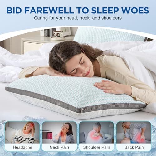 Baskbed Cooling Pillows Queen Size Set of 2, Shredded Memory Foam Pillows 2 Pack, Bed Pillow for Hot Sleepers Adjustable Firm Pillow for Side, Back and Stomach Sleepers, Machine Washable - Thumbnail 5