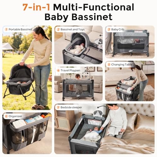 Pamo Babe Pack and Play with Bassinet - 7 in 1 One-Step Setup Bedside Crib, Portable Playpen, Travel Crib, Baby Playard with Diaper Changing Station, Toy Bar & Large Storage Bag - Thumbnail 2