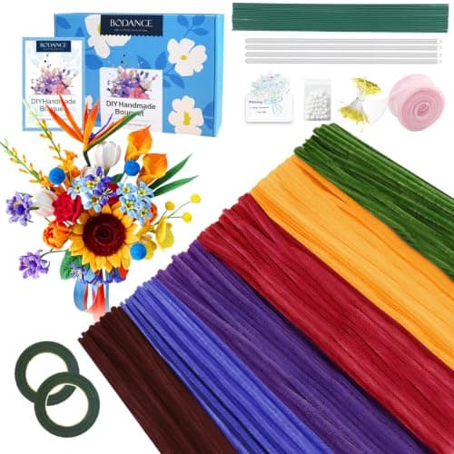 BODANCE 600Pcs DIY Pipe Cleaner Flower Bouquet Kit with Gift Box, Pastel Chenille Stems Craft Bulk for Kids & Adults, Floral Tape Stems Included, Handmade Forever Flowers Art Craft Supplies (Drak) - Thumbnail 6