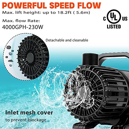 WaterRebirth (4000GPH-230W,UL listed) Large Fountain Submersible Water Pond Sump Pump Aquarium Electric Waterfall Pump Outdoor PS- 4000 - Thumbnail 2