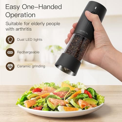 Ultrean Electric Salt and Pepper Grinder Set, USB-C Rechargeable, Salt and Pepper Shakers Spice Mill with 6 Adjustable Coarseness LED Light, Kitchen Appliances for HouseWarming Gifts - Thumbnail 2