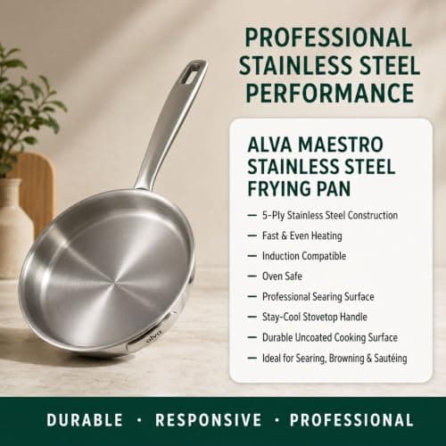 Alva Maestro 8” Stainless Steel Frying Pan – 5-Ply Skillet, Induction & Oven Safe, Professional Chef Pan with Stay-Cool Handle, Fast & Even Heating Stainless Steel Cookware - Thumbnail 6