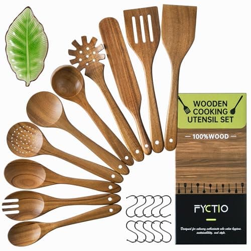 FYCTIO Wooden Utensil Set 11 Pcs - Natural Non-Toxic Acacia Wooden Spoons for Cooking, Nonstick, Sturdy, Easy to Clean, Wood Kitchen Utensils Set with Ceramic Spoon Rest & 10 Hooks, Ideal for Gifting