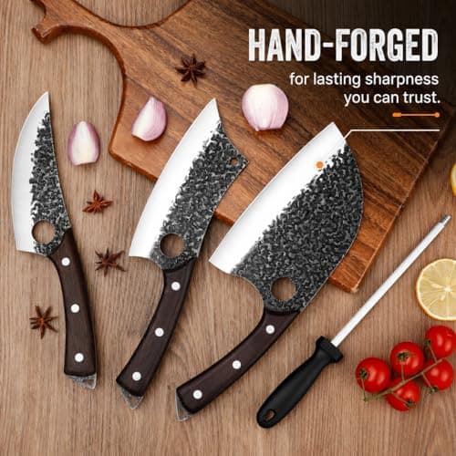 Plys Forged Butcher Knife Set: Comfortable Handle for Long Use - 3PCS Viking Kitchen Knives Set for Mens - Handmade Cooking Meat Cleaver for Cutting and Chopping - Thumbnail 5